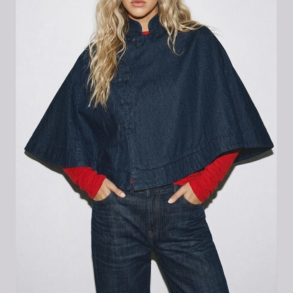 Dark Indigo Denim Frog Button Stand Collar Cape Jacket